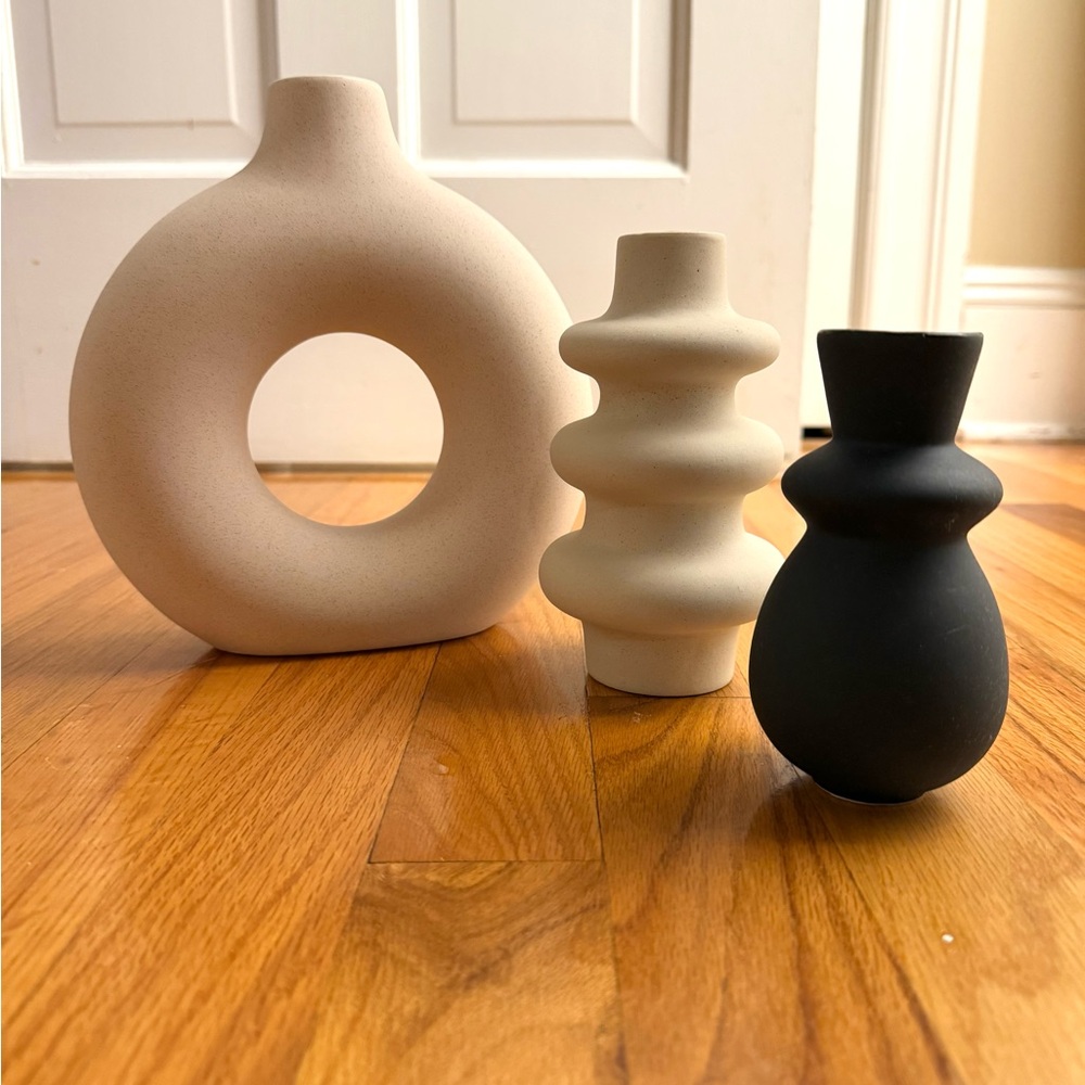 Modern Ceramic Vase Set of 3 - Cream and Black